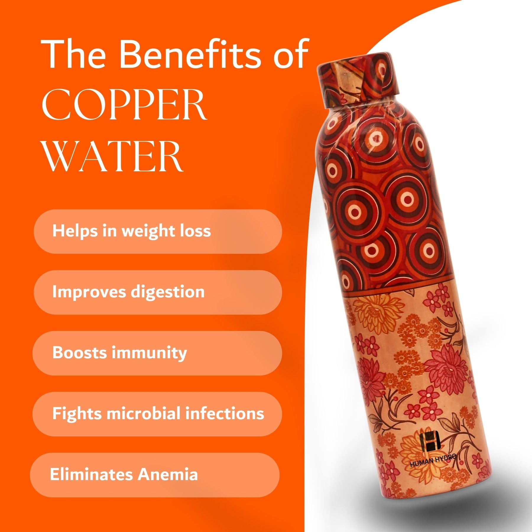 Human Hydro 100% Pure Copper Water Bottle With Multicolour