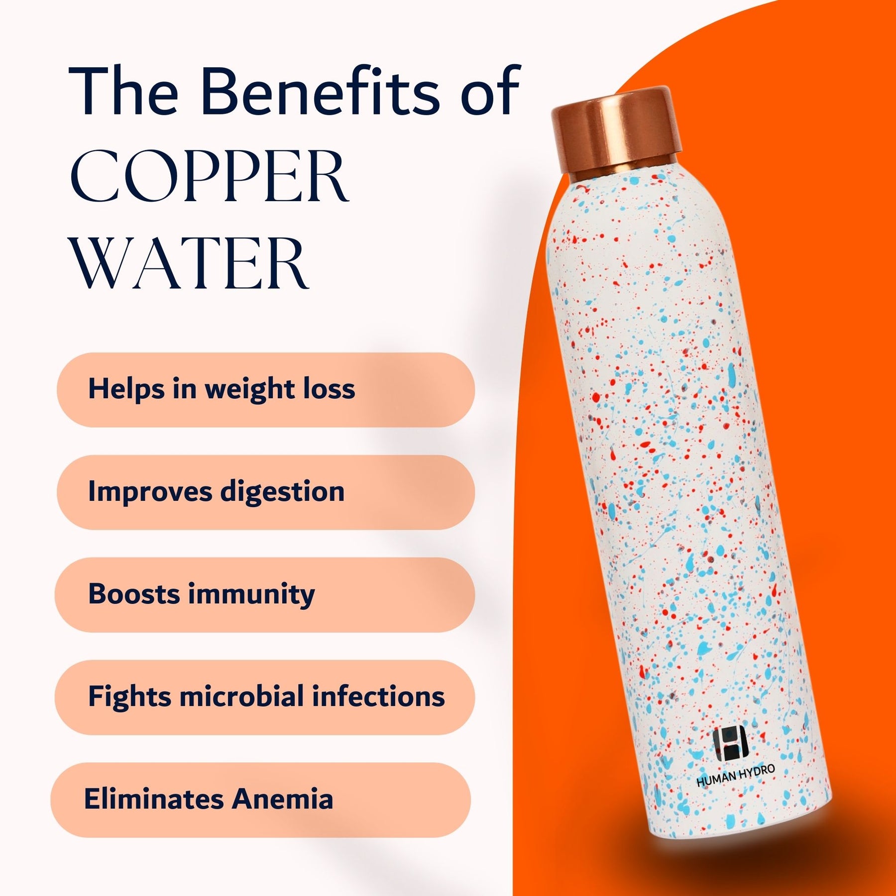 Human Hydro 100% Pure Copper Water Bottle With Multicolour