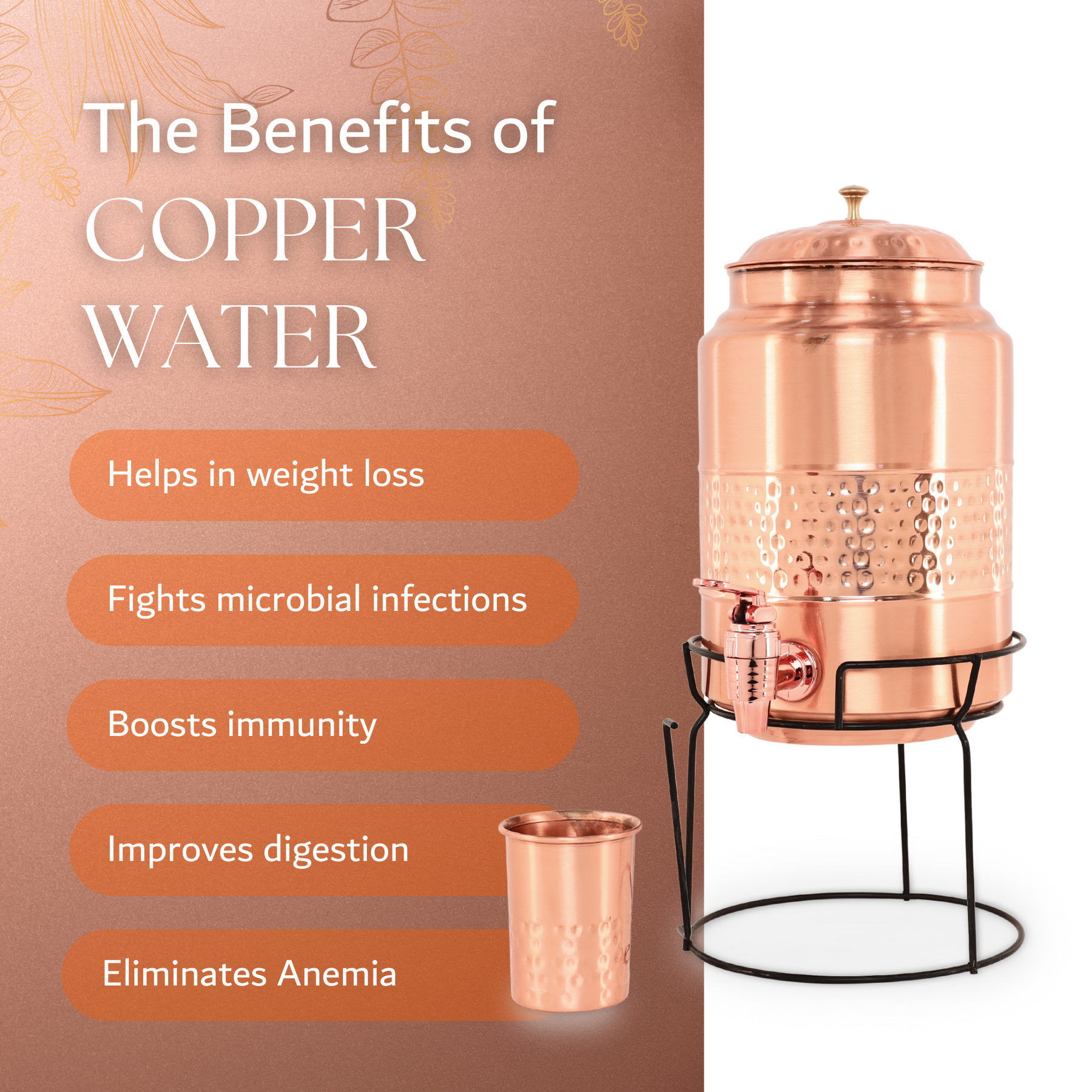 Natural Copper Flat lid Hammered Water Dispenser