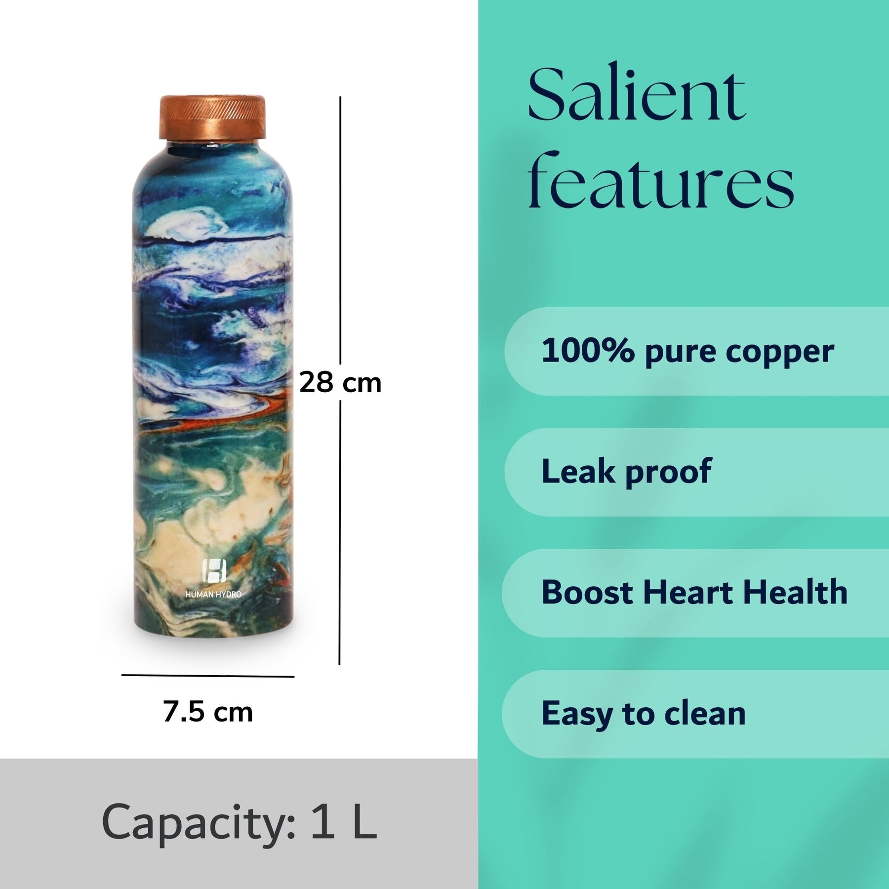 Human Hydro 100% Pure Copper Water Bottle With Meena Prints