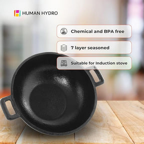 Human Hydro Premium Pre-Seasoned Cast Iron Kadai/Kadahi- 2.5 Litre, Naturally Non-Stick & Non-Toxic, Induction Friendly Flat Botton (25CM/9.7INCH)