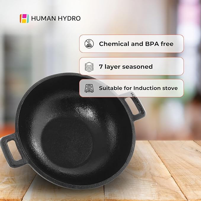 Human Hydro Premium Pre-Seasoned Cast Iron Kadai/Kadahi- 2.5 Litre, Naturally Non-Stick & Non-Toxic, Induction Friendly Flat Botton (25CM/9.7INCH)