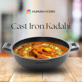 Human Hydro Premium Pre-Seasoned Cast Iron Kadai/Kadahi- 2.5 Litre, Naturally Non-Stick & Non-Toxic, Induction Friendly Flat Botton (25CM/9.7INCH)