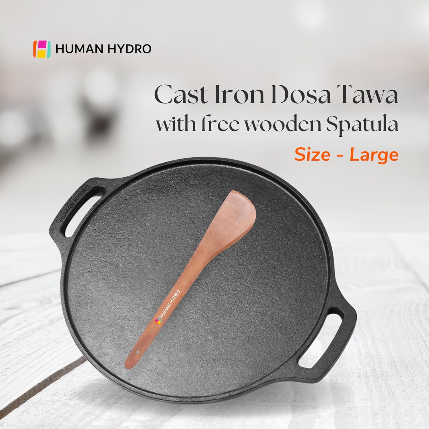 Human Hydro Pre-Seasoned Light Weight Cast Iron Tawa for Dosa/Chilla/Omelette | 30.5cm/12.1 inch, 2.4kg | Induction Friendly | Nonstick, Pre-Seasoned Tawa, 100% Pure & Toxin-Free, No Chemical Coating