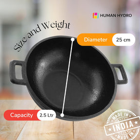 Human Hydro Premium Pre-Seasoned Cast Iron Kadai/Kadahi- 2.5 Litre, Naturally Non-Stick & Non-Toxic, Induction Friendly Flat Botton (25CM/9.7INCH)