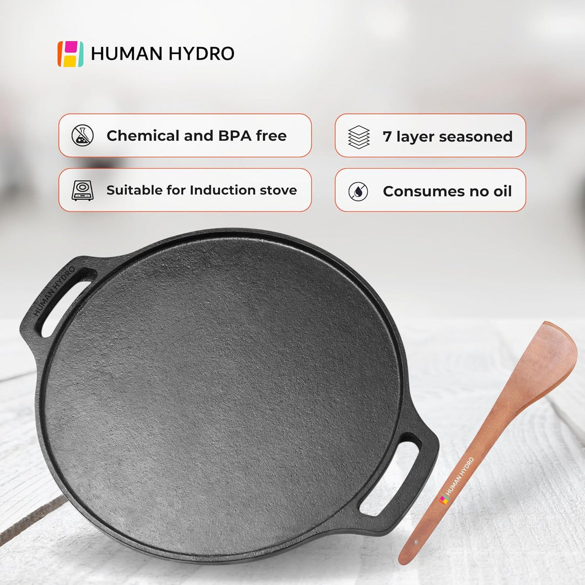 Human Hydro Pre-Seasoned Light Weight Cast Iron Tawa for Dosa/Chilla/Omelette | 30.5cm/12.1 inch, 2.4kg | Induction Friendly | Nonstick, Pre-Seasoned Tawa, 100% Pure & Toxin-Free, No Chemical Coating